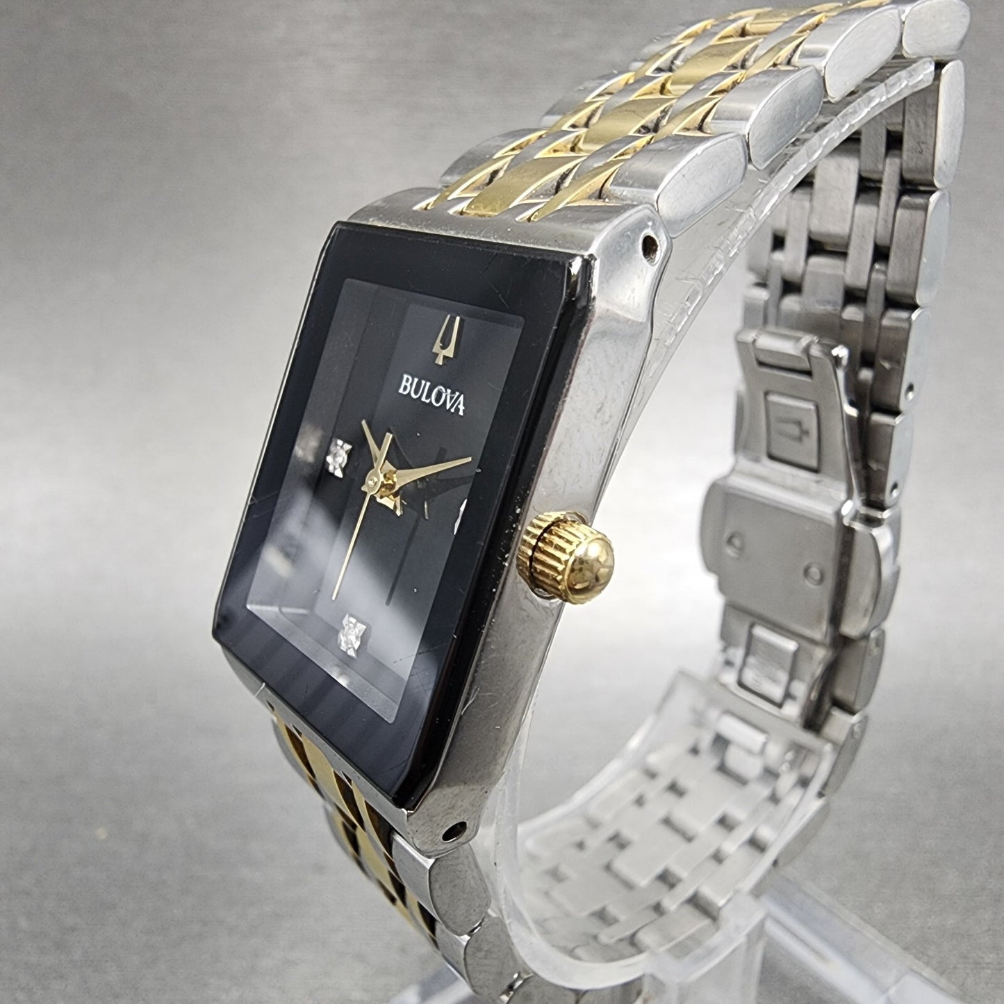 Bulova Quadra Tank Watch Women 21mm Black Dial Two Tone Date Rectangle Diamonds2