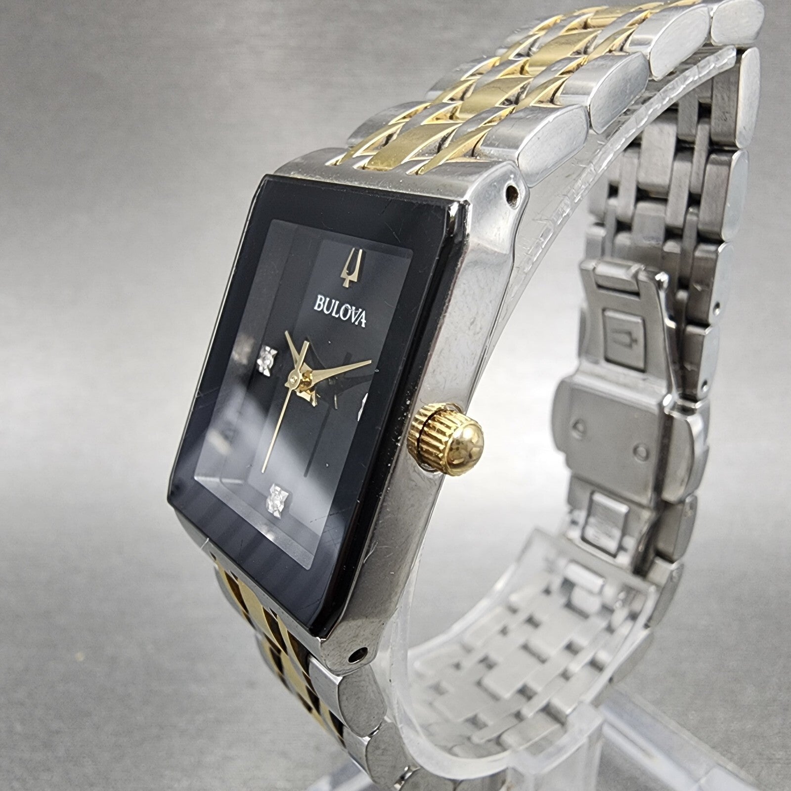 Bulova Quadra Tank Watch Women 21mm Black Dial Two Tone Date Rectangle Diamonds2