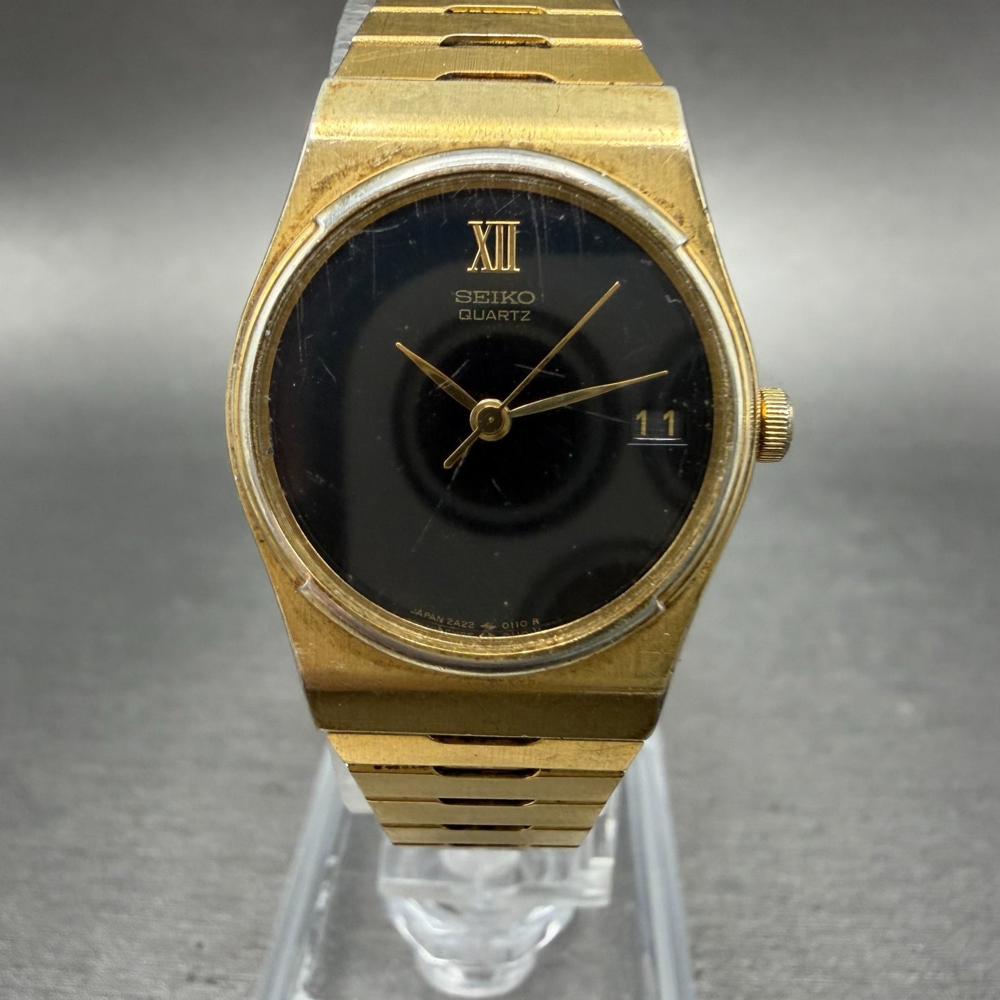 Seiko Watch Women 23mm Black Dial Gold Tone Date Hexagon 2A22-0050 New Battery0