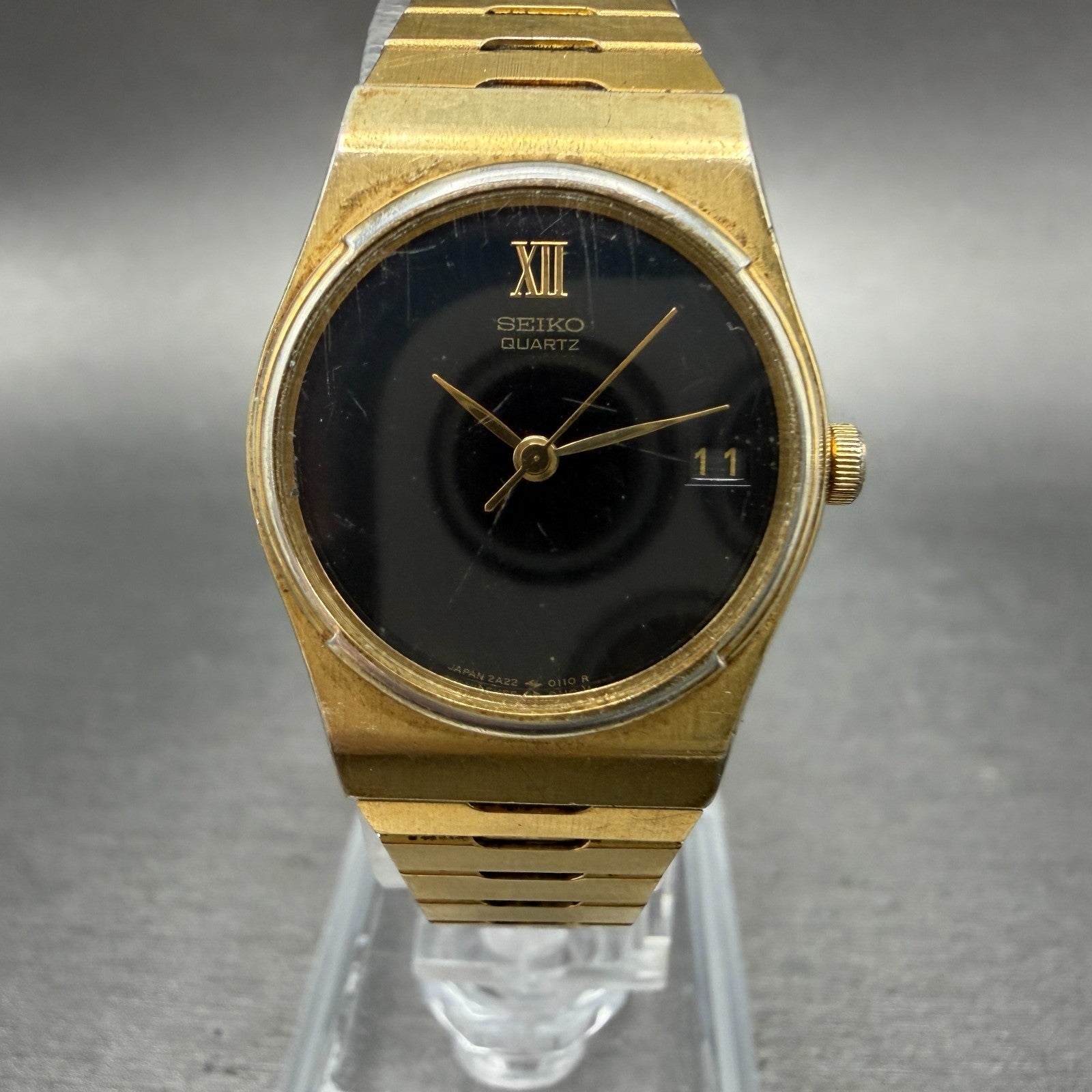 Seiko Watch Women 23mm Black Dial Gold Tone Date Hexagon 2A22-0050 New Battery0
