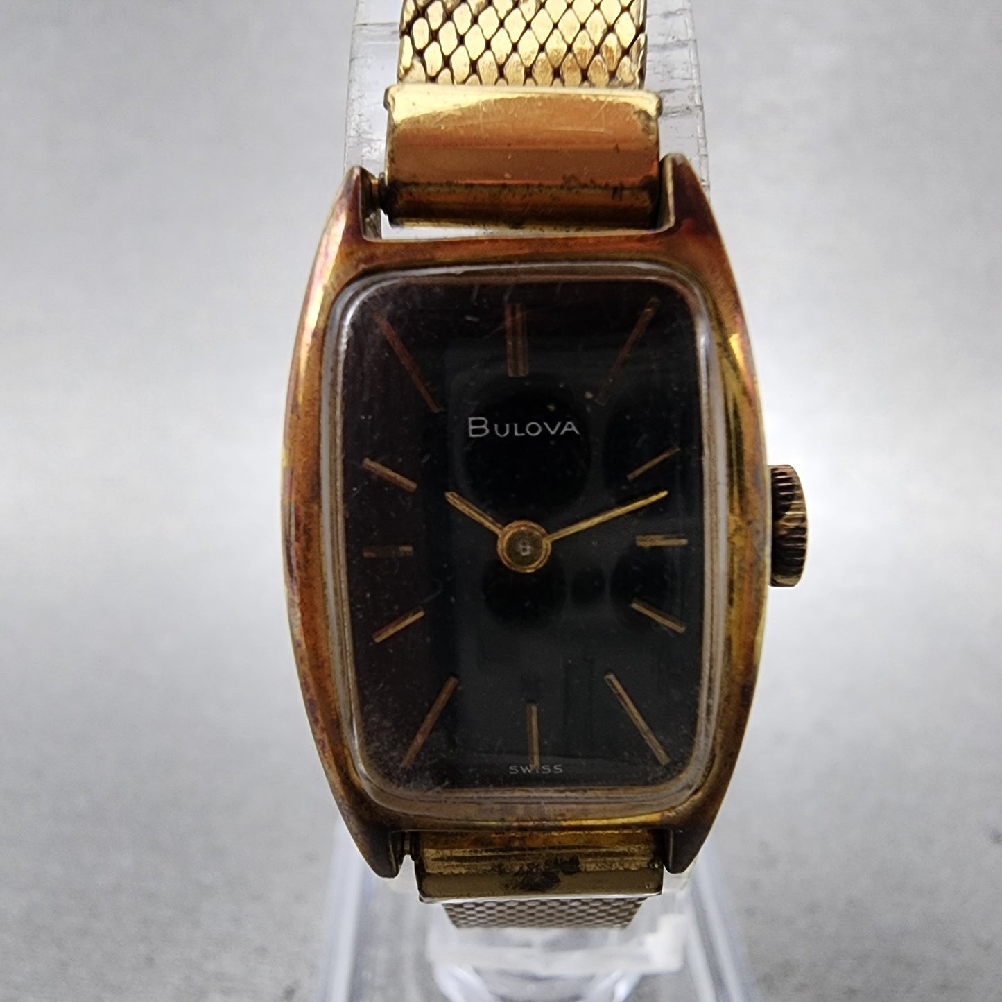 Bulova Tank Watch Women 17mm Black Dial Gold Tone Rectangle Manual Wind Runs VTG1