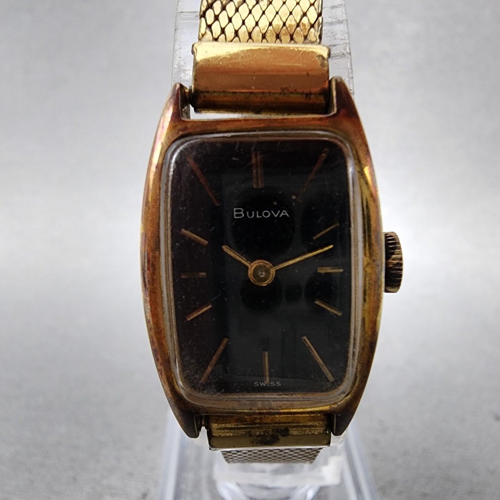 Bulova Tank Watch Women 17mm Black Dial Gold Tone Rectangle Manual Wind Runs VTG1