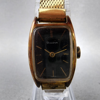 Bulova Tank Watch Women 17mm Black Dial Gold Tone Rectangle Manual Wind Runs VTG1