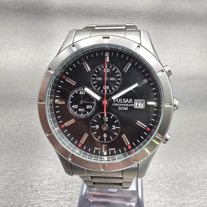 Seiko Pulsar Chronograph Watch Men 40mm Black Dial Silver Tone YM92-X181 New Bat0