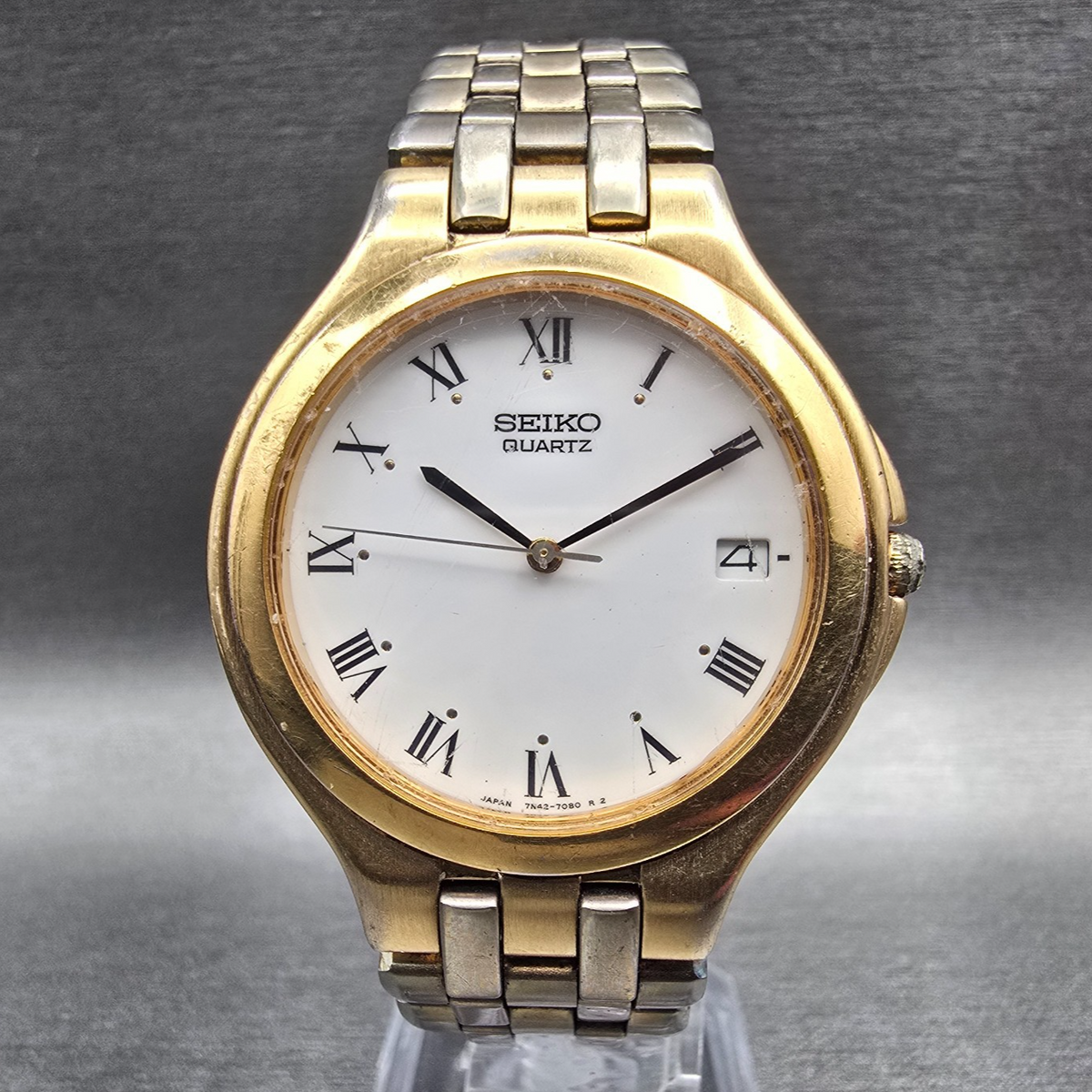 Seiko Watch Men 35mm White Dial Gold Tone Date Round 7N42-7030 New Battery VTG0