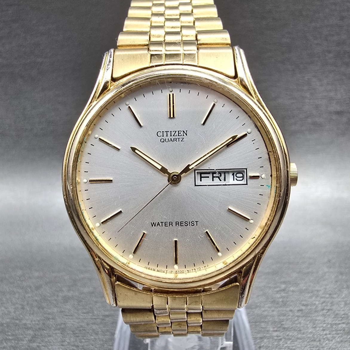 Citizen Watch Men 34mm Silver Dial Gold Tone Daydate Round 6100-S38222 New Batt0