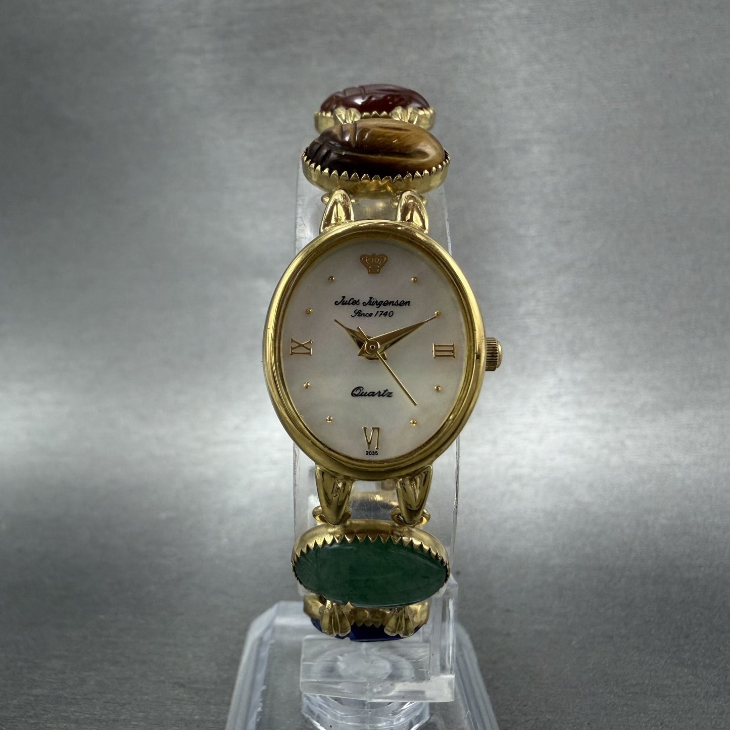 Jules Jurgenson Watch Women 19mm MOP Dial Gold Tone Oval Gem Stones New Battery5