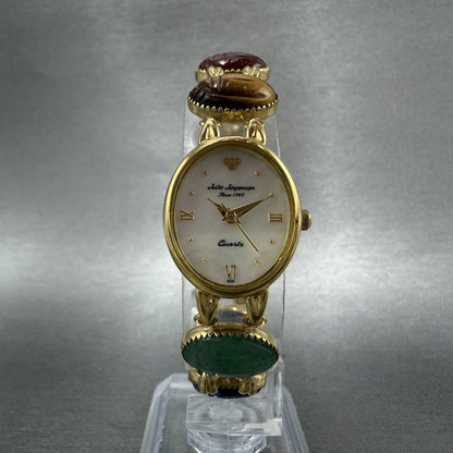 Jules Jurgenson Watch Women 19mm MOP Dial Gold Tone Oval Gem Stones New Battery5