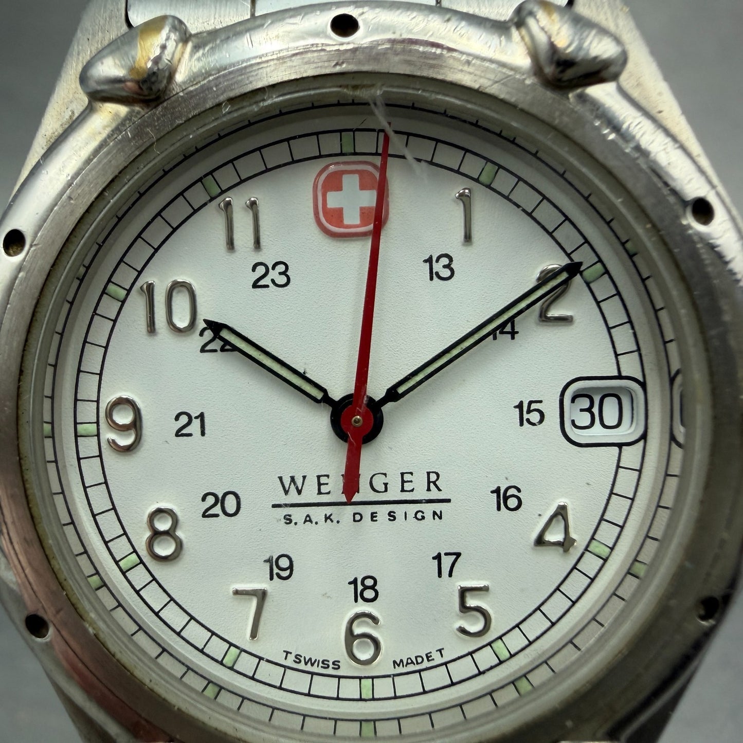 Wenger Watch Men 36mm White Dial Silver Tone Date Round PARTS Vintage2