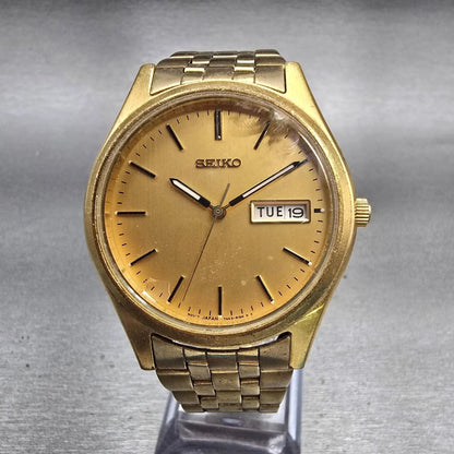 Seiko Watch Men 37mm Gold Dial Gold Tone Daydate Round 7N43-9048 New Battery VTG0