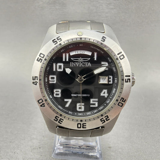 Invicta Watch Men 44mm Black Dial Silver Tone Daydate Round New Battery