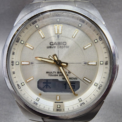 Casio Wave Ceptor Solar Watch Men 42mm White Dial Analog Digital Steel Runs