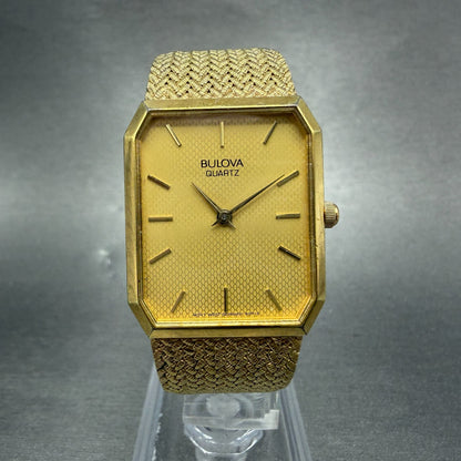 Bulova Tank Watch Men 25mm Gold Dial Gold Tone Octagon Mesh Band 92P13 New Batt0