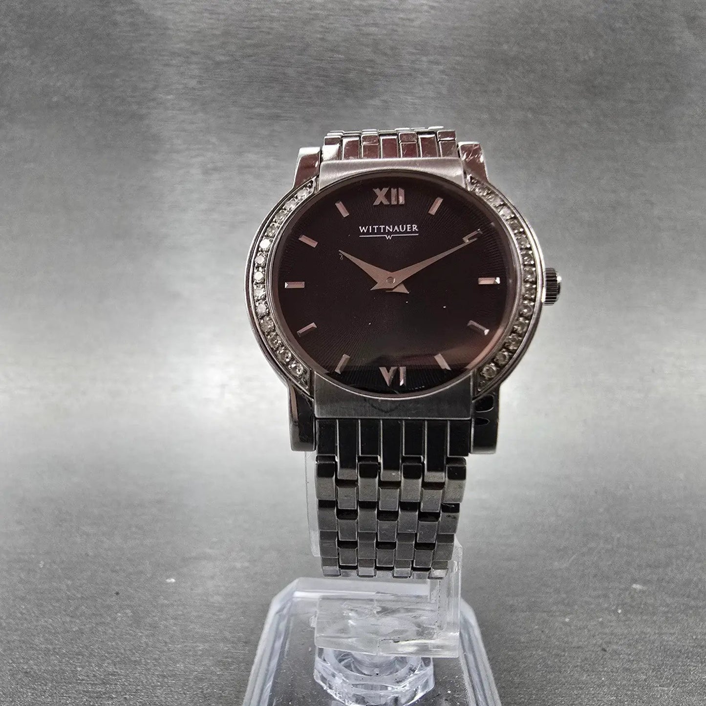Wittnauer Watch Women 27mm Black Dial Steel Diamond Accents Round New Battery6