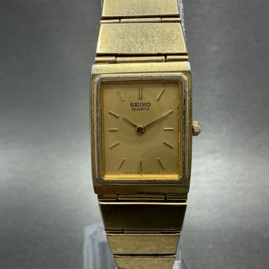 Seiko Tank Watch Women 17mm Gold Dial Gold Tone Rectangle 7320-5039 New Battery0