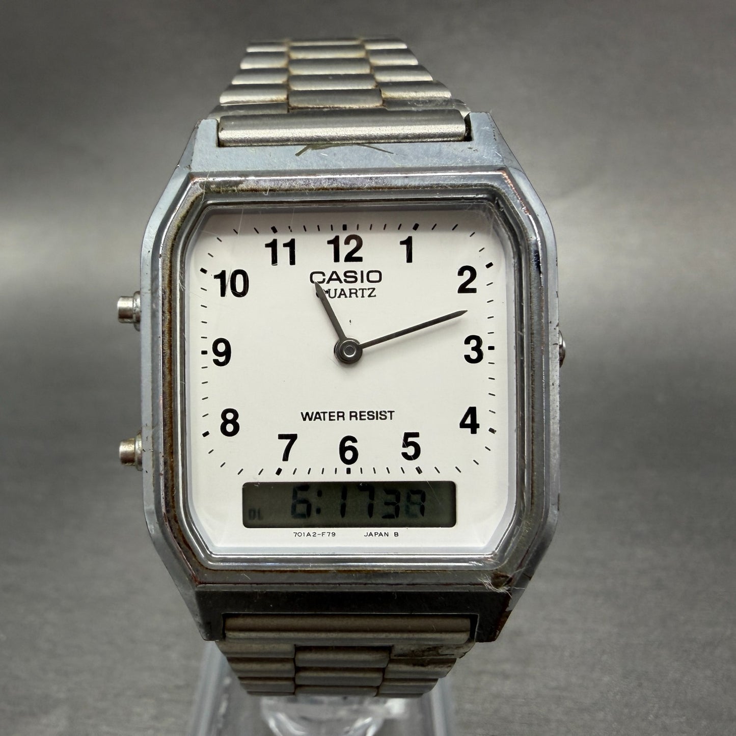 Casio AQ-230 Watch Men 30mm White Dial Silver Tone Alarm Chrono New Battery KL0