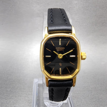 Citizen CQ Watch Women 17mm Black Dial Gold Tone Rectangle New Battery0