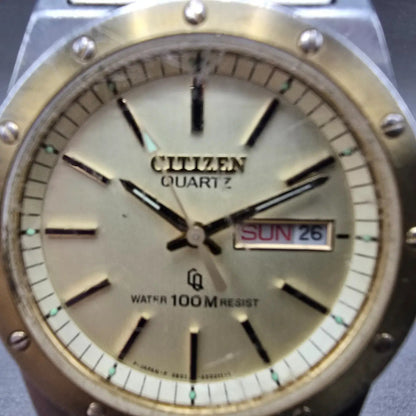 Citizen CQ Watch Men 35mm Champagne Dial Two Tone Daydate READ! 3801-450337 Runs1
