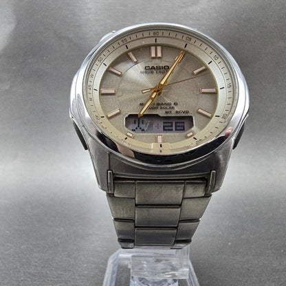 Casio Wave Ceptor Watch Men 42mm Champagne Dial Steel Solar Analog Digital Works5