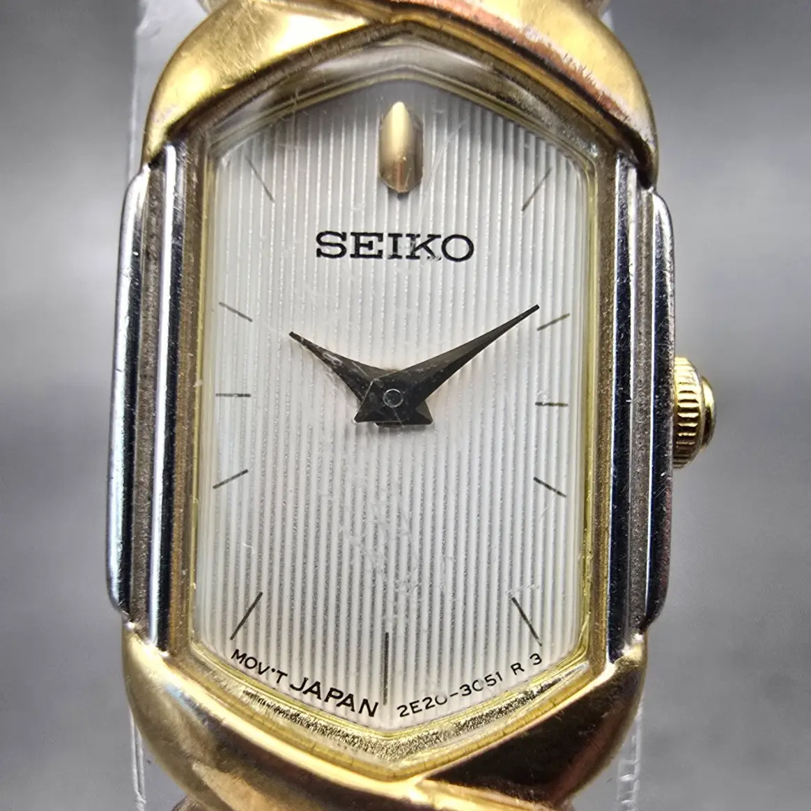 Seiko Watch Women 14mm White Dial Two Tone Rectangle 2E20-7389 New Battery VTG1