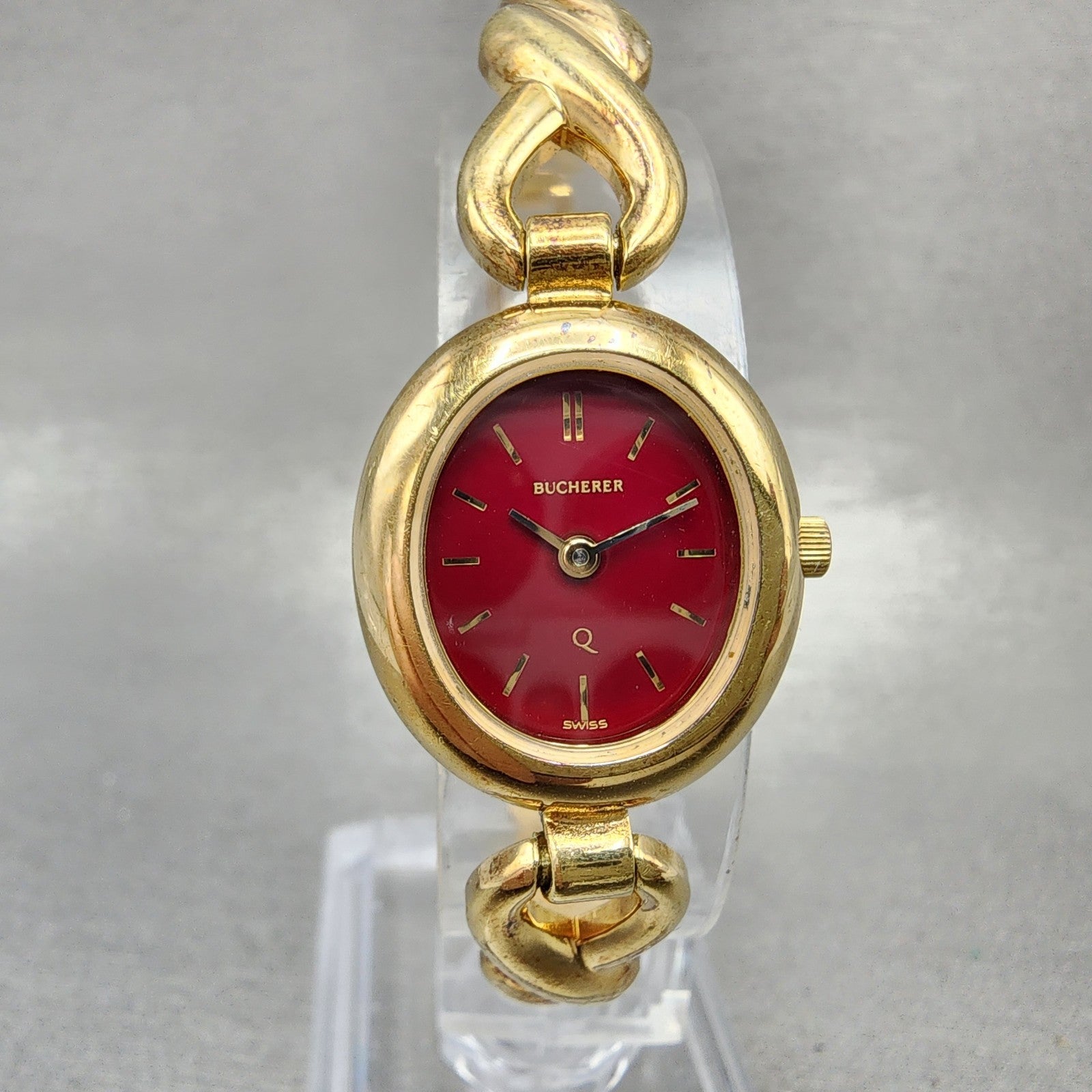 Bucherer Q Watch Women 19mm Red Dial Gold Tone Oval 980.599 New Battery0