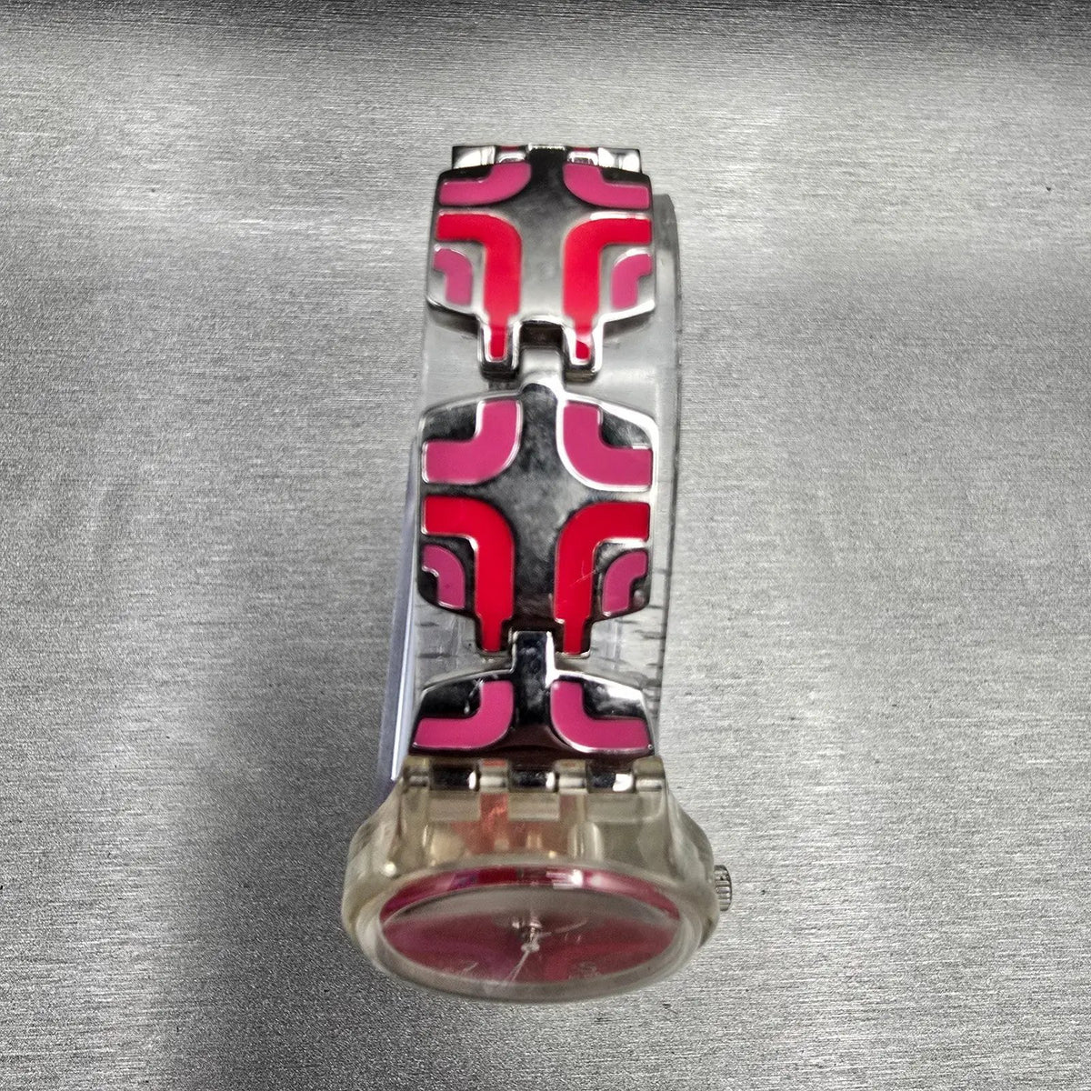Swatch Vida Circular Watch Women 25mm Red Dial Clear Case CK244G New Battery4