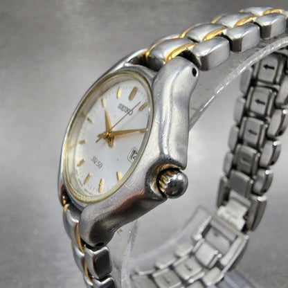 Seiko SQ 50 Watch Women 25mm White Dial Two Tone Date 7n820301 New Battery2