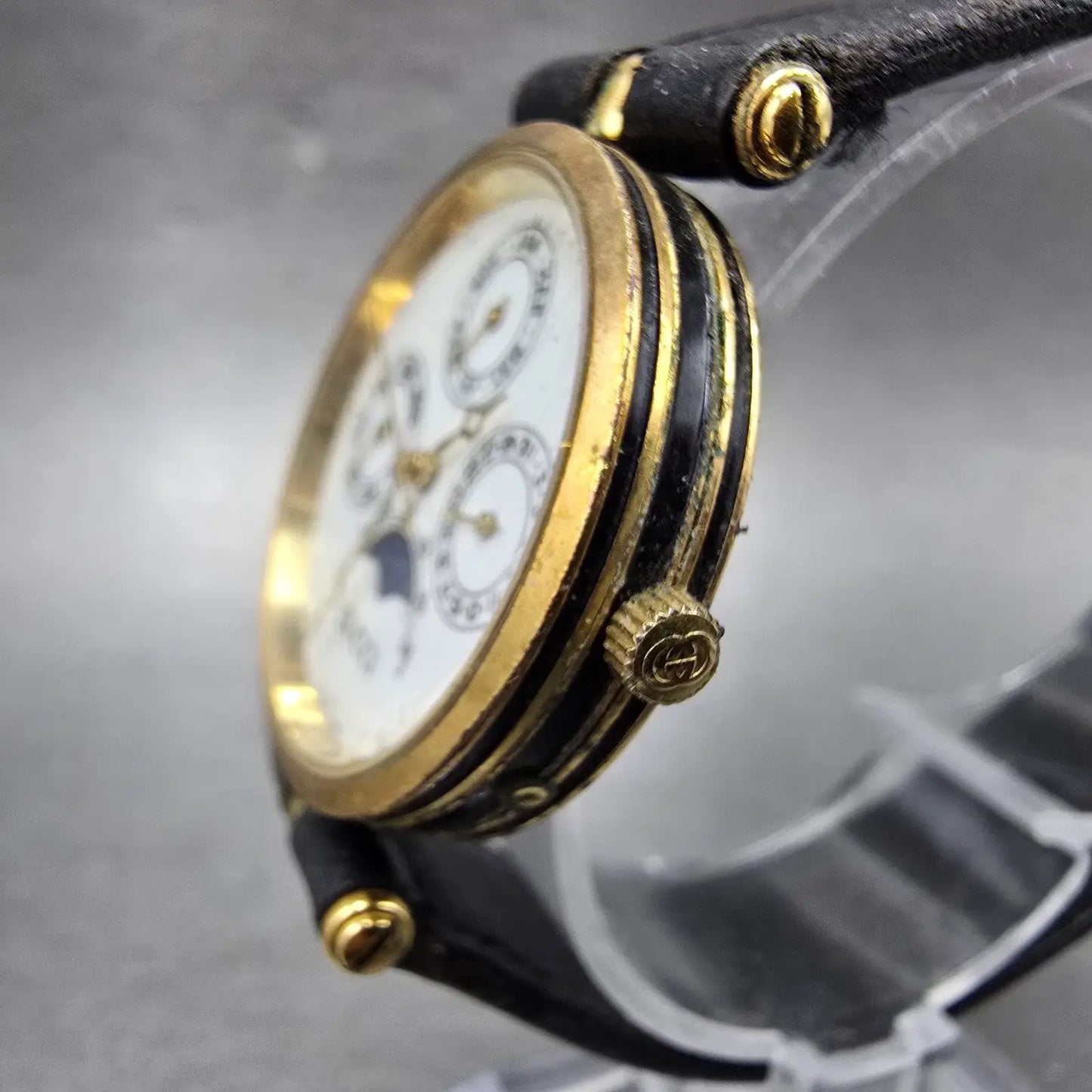 Gucci Triple Calendar Moon Phase Watch Men 30mm White Dial Gold Plated PARTS VTG3