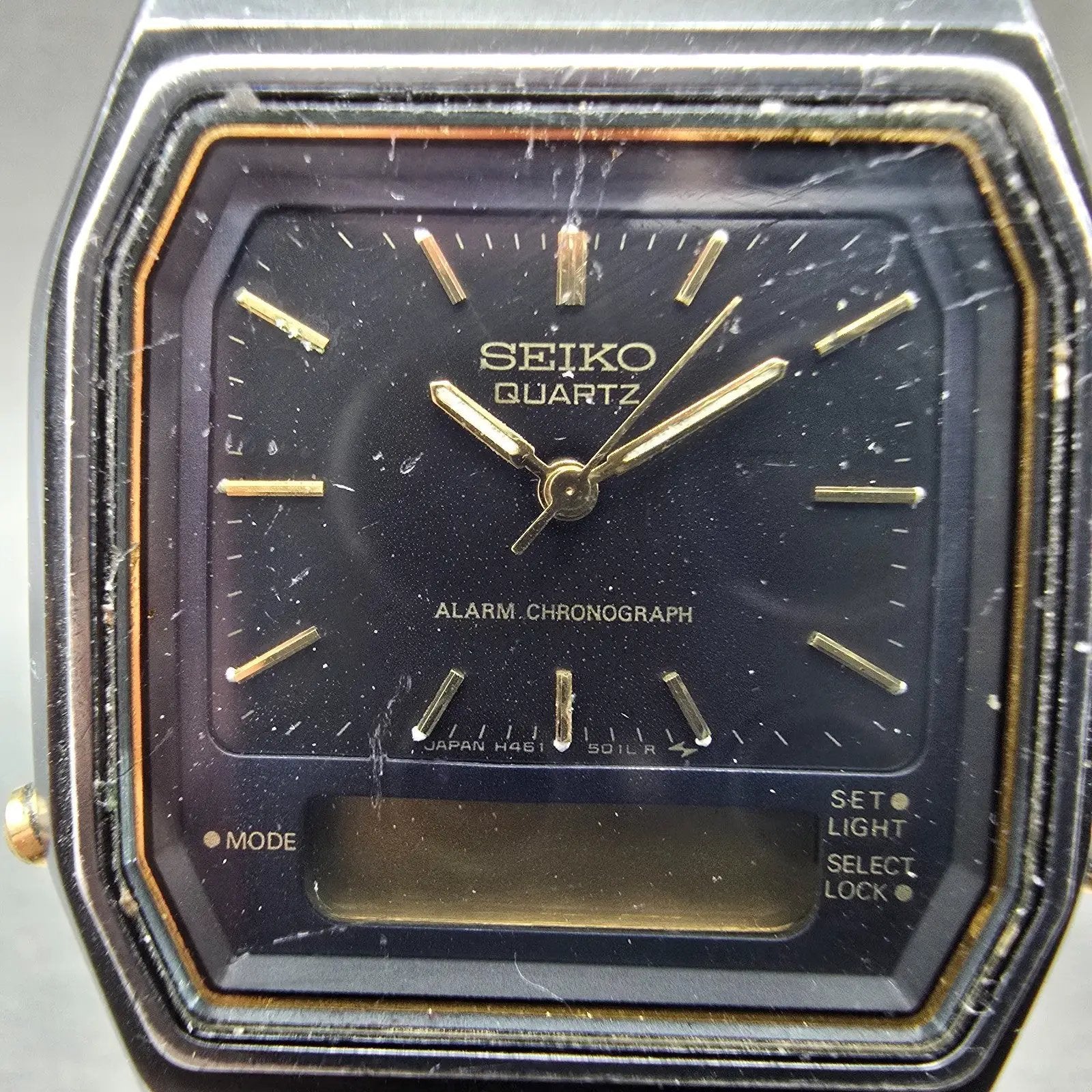 Seiko Analog Digital Watch Men 32mm Black Gold Alarm Chrono H461-5030 PARTS2