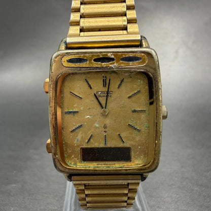 Seiko Analog Digital Watch Men 28mm Gold Dial Gold Tone H249-5010 PARTS0
