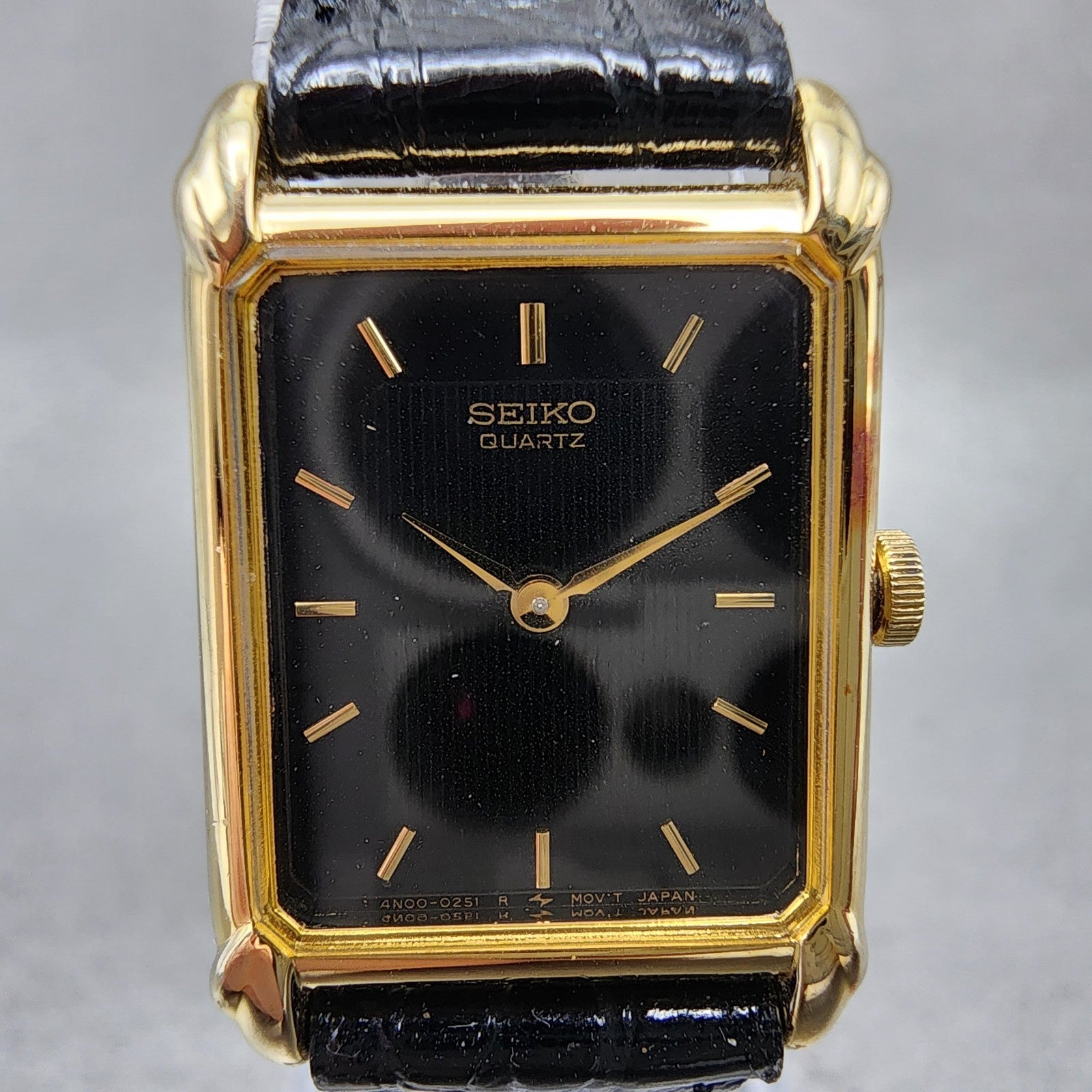 Seiko Tank Watch Women 19mm Black Dial Gold Tone Rectangle 4N005101 New Battery1