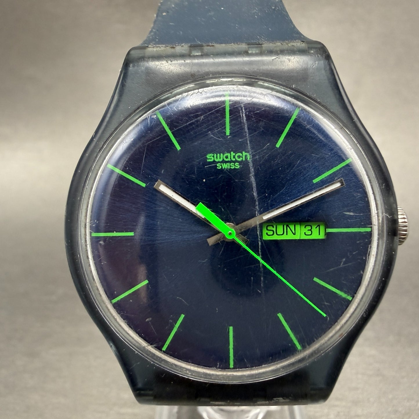 Swatch Blue Rebel Watch Men 41mm Blue Dial Gray Daydate SUON700 New Battery ABC0