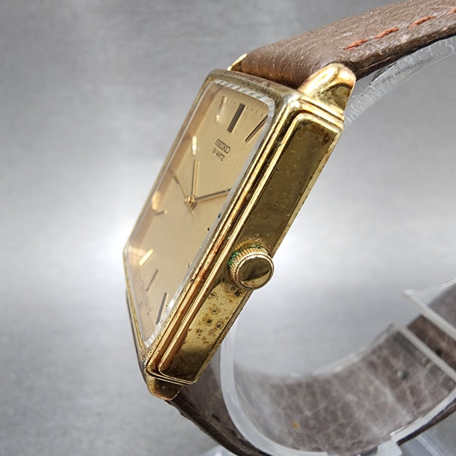 Seiko Tank Watch Men 26mm Gold Dial Gold Plated Rectangle 74315100 New Battery2