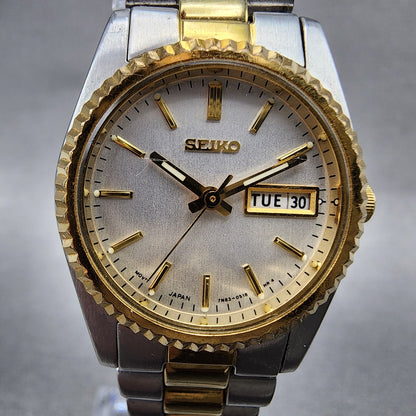 Seiko Watch Women 25mm White Dial Two Tone daydate Round 7n830041 New Batt AB562