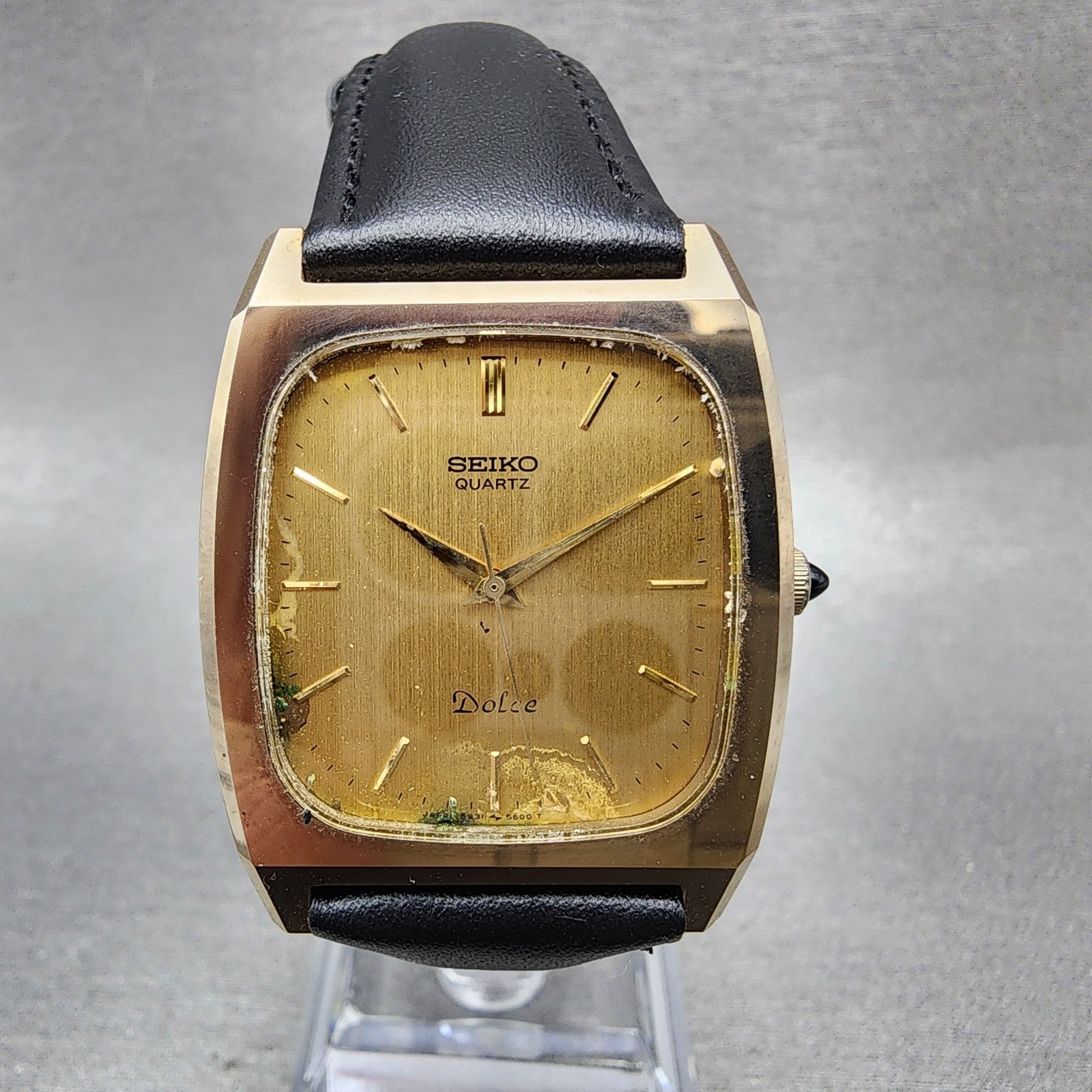 Seiko Dolce Tank Watch Men 30mm Gold Dial Gold Tone Rectangle 59315341 New Batt0