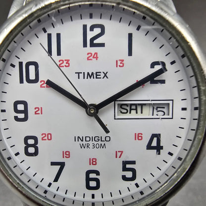 Timex Easy Reader Watch Men 35mm White Dial Silver Daydate T20461 New Battery 891