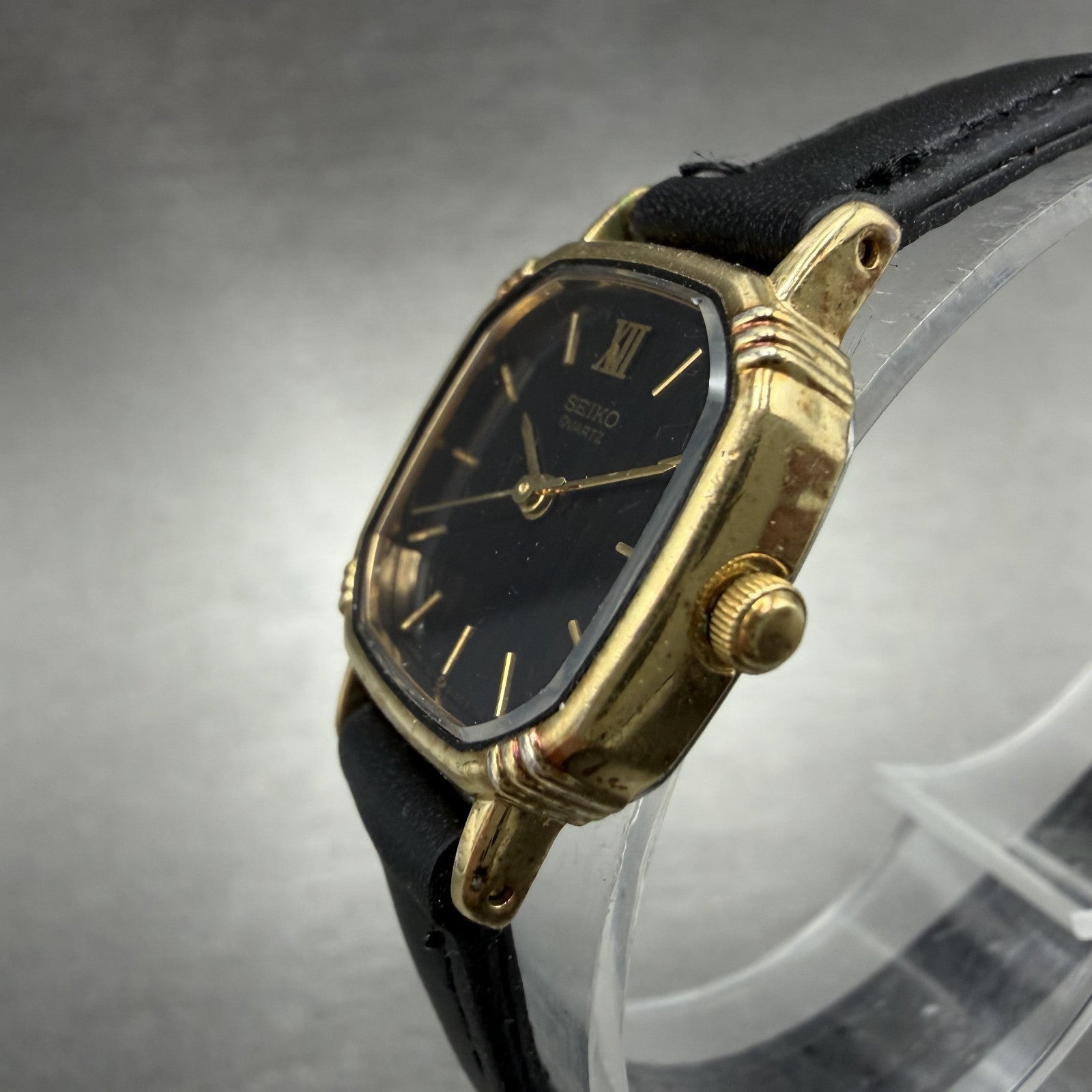 Seiko Watch Women 20mm Black Dial Gold Tone Square 7321-507a New Battery INUH2
