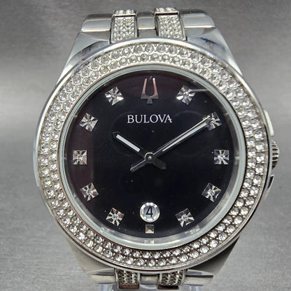 Bulova Crystal Watch Men 42mm Black Dial Steel Date 96K102 Round PARTS0