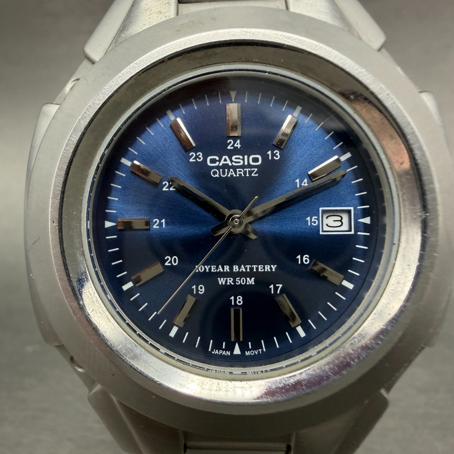 Casio MTP-3050 Watch Men 41mm Blue Dial Silver Tone Date Round New Battery ABC1