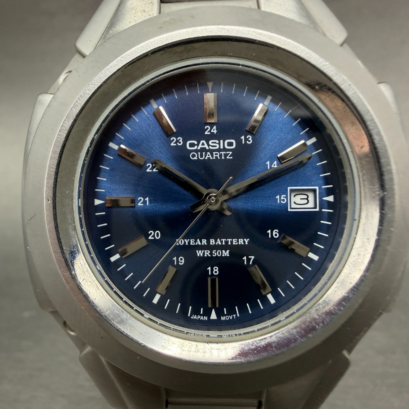 Casio MTP-3050 Watch Men 41mm Blue Dial Silver Tone Date Round New Battery ABC1