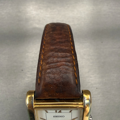 Seiko Watch Men 28mm White Dial Gold Tone Date Rectangle V732-0449 New Battery4