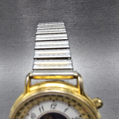 Timex Sun&Moon Watch Men 37mm White Dial Gold Tone Daydate Round New Battery VTG4