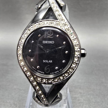 Seiko Solar Watch Women 23mm Black Dial Black Tone Round Crystal Bezel Runs0