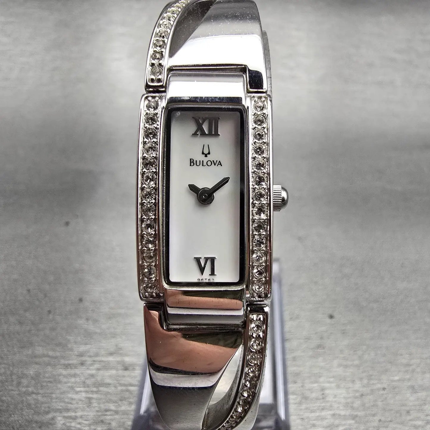Bulova Watch Women 14mm MOP Dial Silver Tone Gemmed Rectangle 96T63 New Batt0