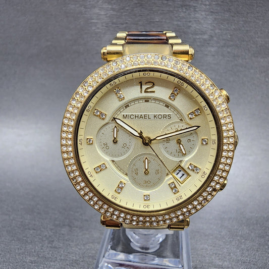 Michael Kors Parker Watch Women 39mm Champagne Dial Gold Tone Date New Battery0