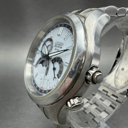 Citizen Eco-Drive Moonphase Watch Men 41mm White Dial Steel Daydate Round Runs2