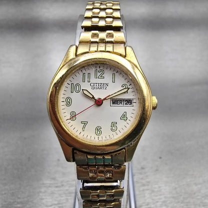 Citizen Watch Women 25mm White Dial Gold Tone Daydate Round 1002-S99442 New Batt0