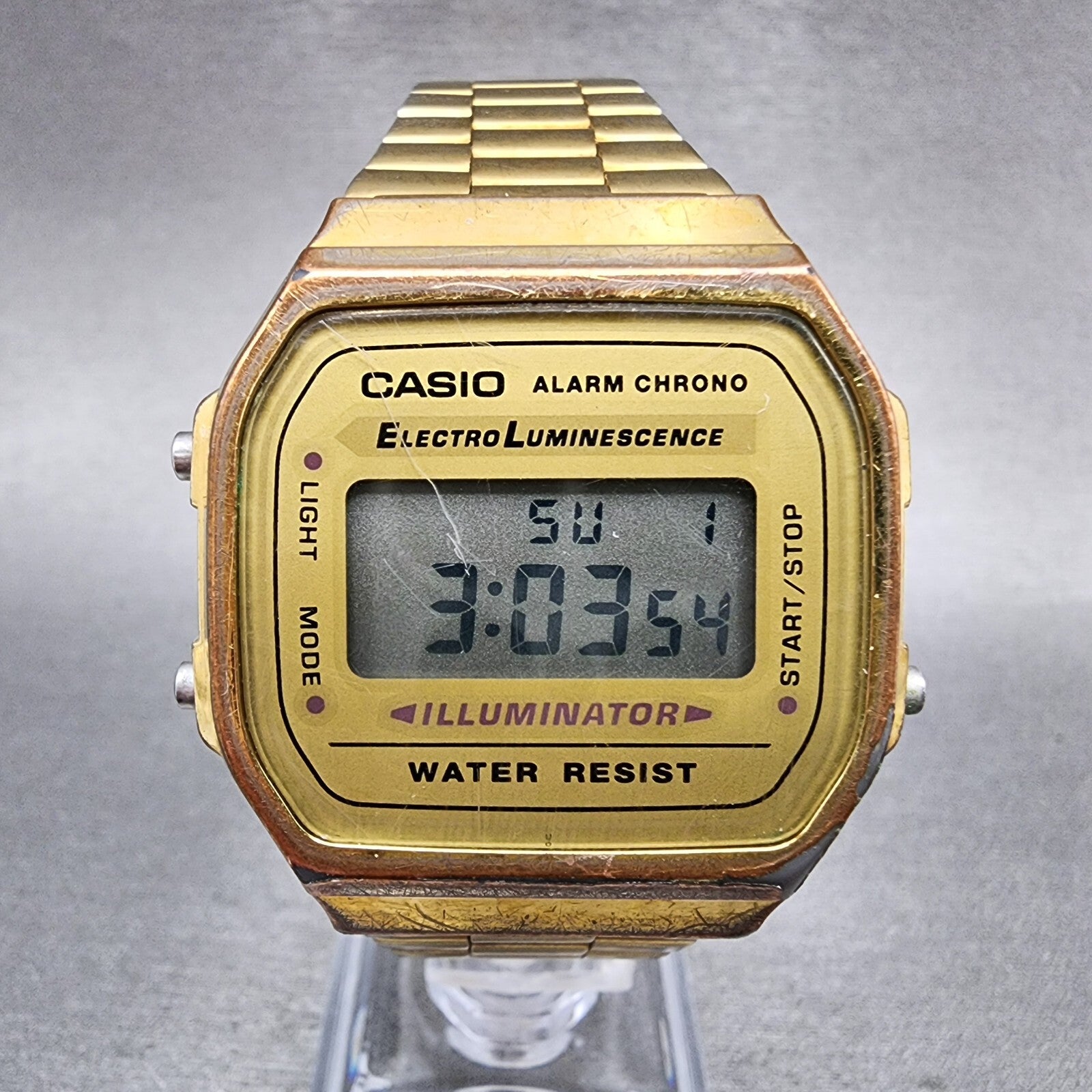 Casio Illuminator Watch Men 36mm Digital Gold Tone Alarm Chrono A168 New Battery0