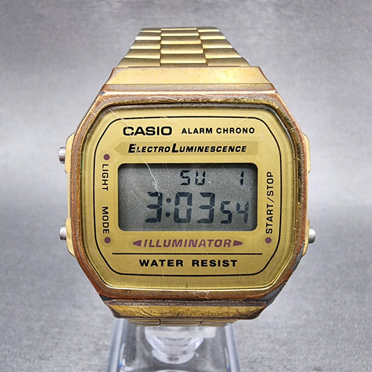 Casio Illuminator Watch Men 36mm Digital Gold Tone Alarm Chrono A168 New Battery0