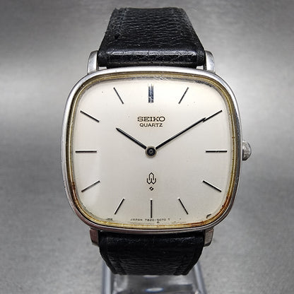 Seiko Watch Men 30mm White Dial Silver Tone Rectangle 7820-5050 New Battery VTG